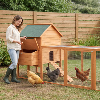 137" Chicken Coop for 8-10 Chickens, Large Chicken House, Wooden Poultry Hen Cage with Nesting Box and Run for Backyard, Orange