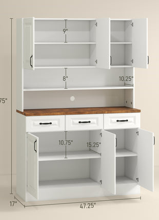 71" Kitchen Pantry Cabinet, Freestanding Farmhouse Storage Cabinet with Wide 2-Tier Microwave Stand Countertop, White