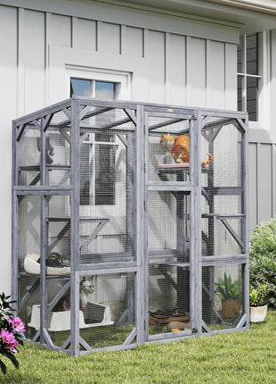 Large Wooden Catio Outdoor with 6 Jumping Platforms, Weatherproof Roof, for 1-3 Cats, 59" x 28" x 60", Gray