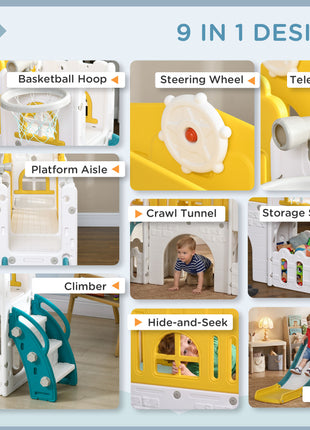 9 in 1 Toddler Slide for Kids Age 1-3 Years with Basketball Hoop, Climber, Telescope, Tunnel, Steering Wheel, Aisle