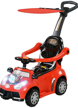 3 in 1 Push Car Sliding Car with Removable Handle, Music, Horn, Canopy, Safety Guardrail, Red