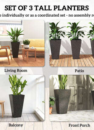 28" Tall Planters, Set of 3 Plastic Flower Pots with Marble Finish and Drainage Holes, Stackable Taper Planters, Brown