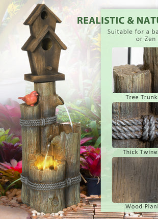 Outdoor Fountain with Birdhouse, Cascading Garden Waterfall Bird Bath with 3-Tier Rustic Tree Trunk / Log Design, LED Lights for Porch, Deck, Yard Decor, Brown