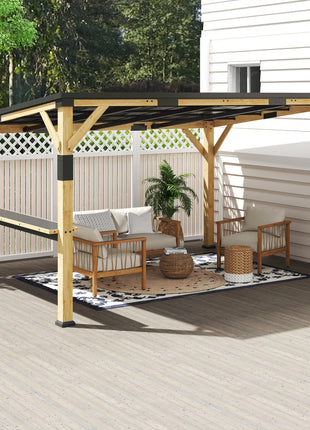 10' x 14' Wooden Gazebo, Hardtop Lean-to Gazebo Pergola with Galvanized Steel Sloped Roof, Bar Shelf, Natural Wood