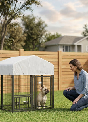 Welded Wire Outdoor Dog Kennel with 360° Rotating & 4 Levels Adjustable Bowls, Waterproof Cover, 3.9' x 3.9' x 4.5'