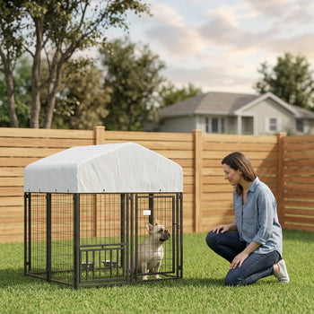 Welded Wire Outdoor Dog Kennel with 360° Rotating & 4 Levels Adjustable Bowls, Waterproof Cover, 3.9' x 3.9' x 4.5'