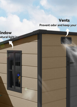 8' x 4' Plastic Outdoor Storage Shed with Floor, Window, Lockable Doors and Vents for Backyard Patio Lawn, Light Brown