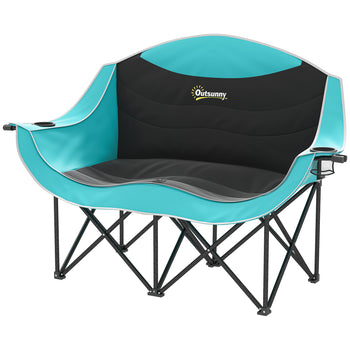 Padded Folding Camp Chair for Adults, Double Camping Chair with Armrests, Cup Holders, Carry Bag for Outdoor, Green