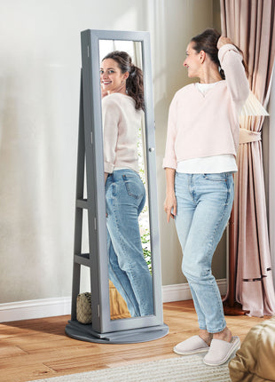 360° Swivel Jewelry Armoire, Lockable Jewelry Cabinet with Full-Length Mirror, Storage Shelves, Gray