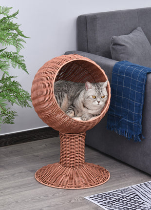 Elevated Cat Bed with Rotatable Egg Chair Pod, Cat Basket Bed with Thick Cushion, Natural Mat Grass Woven Kitty House, Brown