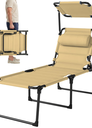 Outdoor Lounge Chair, 4 Position Adjustable Backrest, Folding, Cushioned w/ Sun Shade Roof & Pillow, Cream White