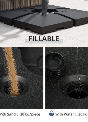 4 Pieces Cantilever Patio Umbrella Base, Outdoor Offset Umbrella Weights, 176 lbs Capacity Water or 264 lbs Capacity Sand  Plates Set, Black
