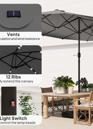Garden Parasol 14.4ft Double-Sided Sun Umbrella with Base, Patio Parasol with LED Solar Lights, Gray