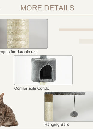 100" Cat Tree Height Adjustable Floor-to-Ceiling 4-Tier Kitty Climbing Activity Center Condo Cat Toy with Scratching Post Hanging Balls Play Rest Post Pet Furniture Grey