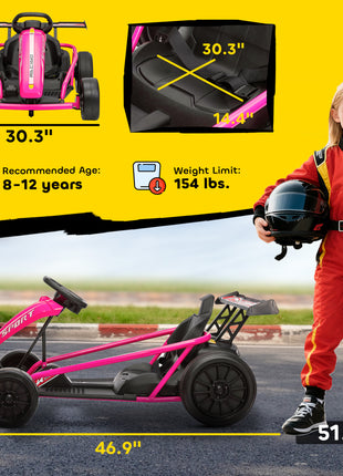 24V 7AH Kids Electric Go Kart, 8.1 MPH Battery Powered Drift Kart with Dual Motors, Soft Start for 8-12 Years, Pink