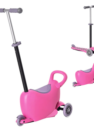 3-in-1 Ride On Push Car, Kids Scooter, Sliding Walker, Push Rider, with Adjustable Handlebar, 3 Balanced Wheels, Removable Storage Seat, for Boys and Girls Aged 2-6 Years Olds, Pink