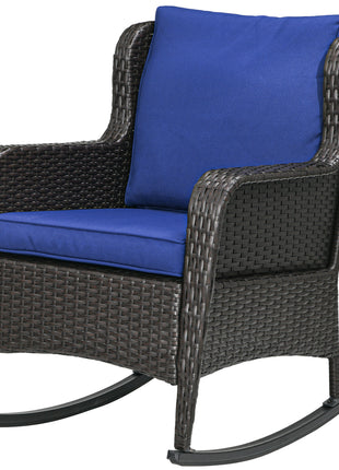 Outdoor Wicker Rocking Chair, Rattan Rocker with Cushions, Steel Frame for Patio, Garden, Backyard, Dark Blue