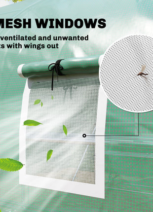 10'x11'x6' Walk-in Tunnel Greenhouse with Shelves, Mesh Door and Windows, Plant Hot House with PE Cover, Green