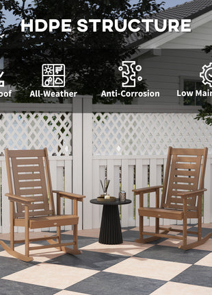 2 Pieces Outdoor Rocking Chairs, HDPE Patio Rockers with 28" High Back, Wide Armrests for Porch Backyard, Brown