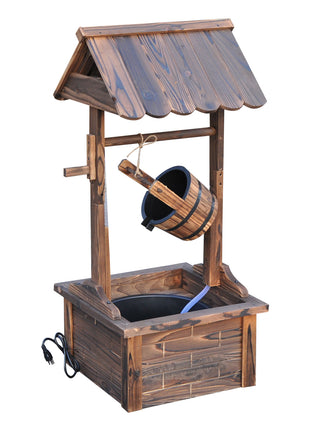 Outdoor Wooden Wishing Well Fountain with Adjustable Water Flow Rate, Rustic Waterfall Fountain, Carbonized Finish