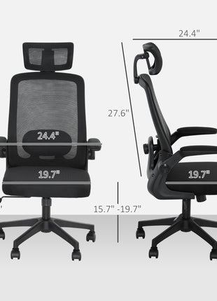 Mesh Office Chair, Ergonomic Desk Chair with Flip-up Armrest, Rotatable Headrest, Adjustable Lumbar Support, Black