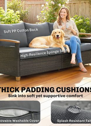 3 Seater Outdoor Couch Sofa, PE Wicker Patio Sofa, Wide Deep Seat, 4" Cushions, Wood-Effect Armrests Legs, Gray