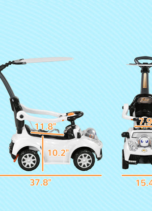 3 in 1 Push Car Sliding Car with Removable Handle, Music, Horn, Canopy, Safety Guardrail, White