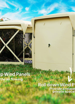 11 x 11ft Pop Up Gazebo Screen Tent with Removable Roof Cover, Roll-up Wind Panels for Camping, Backyard, Beige