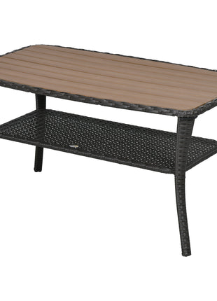 Outdoor Patio PE Rattan Coffee Table with Storage Shelf, Wicker Side Table with Wood-Plastic Composite Top, Mixed Brown