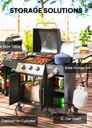 3 Burner Propane Gas Grill with Side Burner Barbecue Grill with Shelves, 9.5 KW Output, 310 Sq. in. Cooking Area