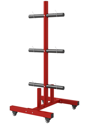 2 Inch Weight Plate Rack, Plate Rack Holder for Olympic Weight Plates and Bars, with 4 Transport Wheels and 6 Fasten Clamps, 440 lbs. Capacity, Red