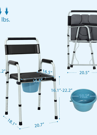 Bedside Commode Chair for Seniors, Adults, Handicap, Raised Toilet Seat with Arm, Adjustable Height, 331 lbs, Black