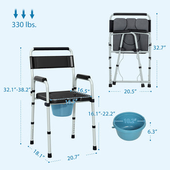 Bedside Commode Chair for Seniors, Adults, Handicap, Raised Toilet Seat with Arm, Adjustable Height, 331 lbs, Black