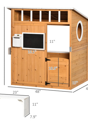 Wooden Playhouse for Kids Outdoor with Working Door, Windows, Mailbox, Bench, Flowers Pot Holder, 48" x 42.5" x 53"