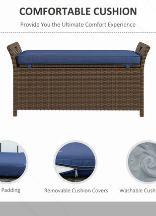 Outdoor Patio Wicker Storage Bench, 2-In-1 Rattan Patio Furniture, 29 Gal Storage Box w/ Cushion, Dark Blue