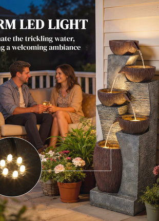 Outdoor Water Fountain with 5-Tier Crock Design, 51.2" Tall Cascading Waterfall Garden Fountain with LED Lights