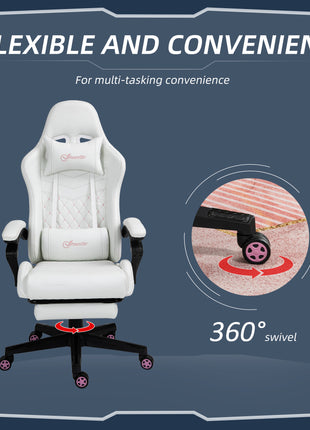 High Back PU Leather Gaming Chair, Racing Computer Chair with Swivel Wheels, Retractable Footrest, Headrest, Lumbar Support, and Armrest, White and Pink