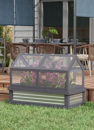 Raised Garden Flower Bed Kit w/ Greenhouse, Wooden Cold Frame Planter, Gray