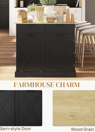 10 Gallon Farmhouse Kitchen Cabinet with Hidden Trash Can and 2 Drawers, Tilt Out Trash Can Cabinet for Kitchen, Black