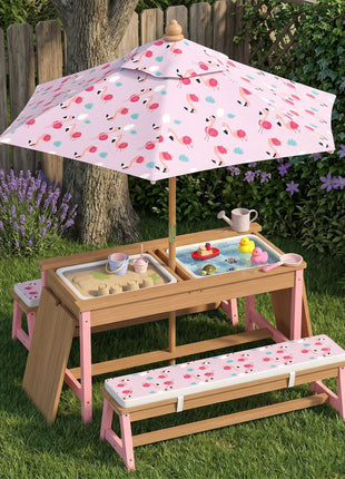 Kids Picnic Table Set with Foldable Umbrella, Removable Cushions & Boxes, Flamingo Theme, Pink