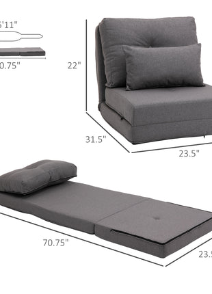 Convertible Flip Chair, Floor Lazy Sofa, Folding Upholstered Couch Bed with Adjustable Backrest, Metal Frame and Pillows for Living Room Bedroom, Dark Gray