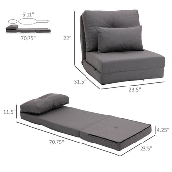 Convertible Flip Chair, Floor Lazy Sofa, Folding Upholstered Couch Bed with Adjustable Backrest, Metal Frame and Pillows for Living Room Bedroom, Dark Gray