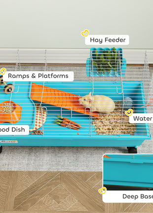 35"L Small Animal Cage, Rolling Bunny Cage, Guinea Pig Cage with Wheels, Food Dish, Water Bottle, Hay Feeder, Blue