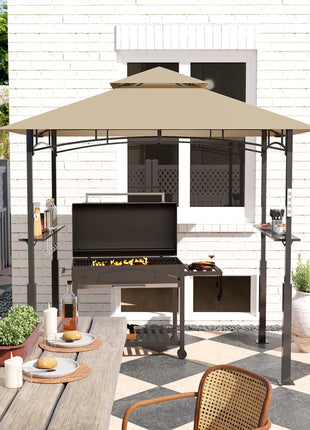 8' x 5' Outdoor Grill Gazebo, Barbecue Gazebo Shelter with LED Light, 2 Side Shelves, Hooks, Bottle Opener, Khaki