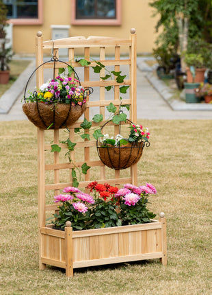 Wooden Raised Garden Bed with Trellis, Outdoor Planter Box with Drainage Crevices for Climbing Vine Plants Flowers, 24" x 12" x 49"