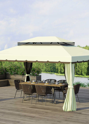 10' x 13' Patio Gazebo, Aluminum Frame Double Roof Outdoor Gazebo Canopy Shelter with Netting & Curtains, Cream White