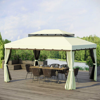 10' x 13' Patio Gazebo, Aluminum Frame Double Roof Outdoor Gazebo Canopy Shelter with Netting & Curtains, Cream White
