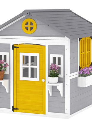 Wooden Playhouse for Kids Outdoor with Doors, Windows, Planter Pots and Boxes for Toddlers 3-8 Years, Gray