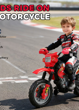 6V Kids Motorcycle, Electric Motorcycle with Dirt Bike Style, Street Bike Design Battery Powered Ride On Toy with Training Wheels, Headlight, Music, Ages 5-8, Red