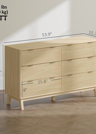 6 Drawer Double Dresser for Bedroom, Fluted Chest of Drawers with Gold Finger Pulls and 5 Wood Legs, Natural Wood